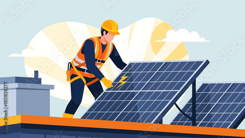 Solar panel technician installing renewable energy system on rooftop.