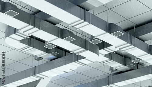 Obraz na płótnie HVAC engineering installs suspended ventilation ducts and air distribution systems in a commercial building