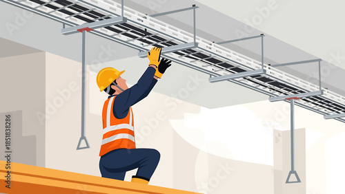 Electrician installing electrical wiring in ceiling structure.