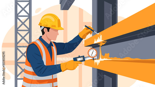 Construction worker welding steel beam with safety gear.