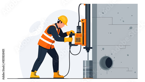 Construction worker operating a core drill machine on a concrete wall.