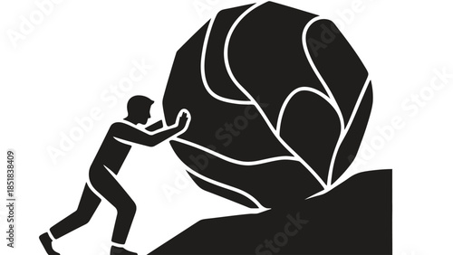 Man pushing large boulder up steep hill