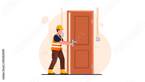 Construction worker opening a wooden door with a handle.