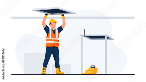 Construction worker installing ceiling panel in building interior.