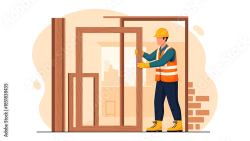 Construction worker installing a window frame on a building site.