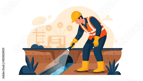 Construction worker inspecting underground pipe with water flow.