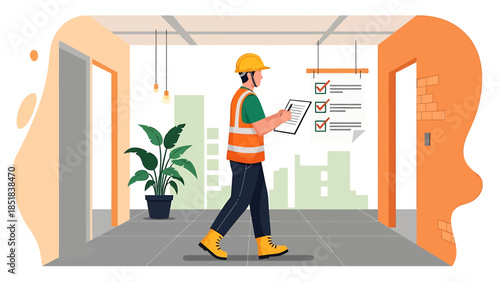 Construction worker in safety vest and hard hat holding clipboard.