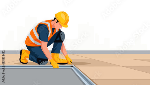 Construction worker in safety gear performing outdoor task.