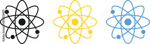 atom icon set. Atomic structure symbols. Nuclear energy graphic design. Laboratory research and education signs
