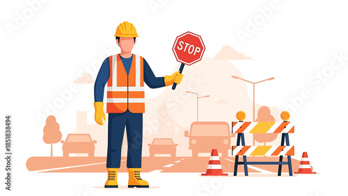 Construction worker holding stop sign on road.