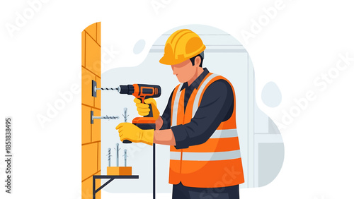 Construction worker drilling a hole in a wall with a power drill.