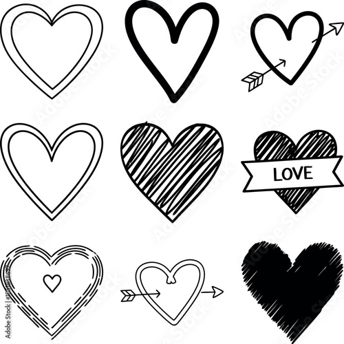Collection of hand drawn hearts with various designs and styles