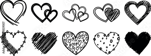 Collection of black and white heart shapes with various patterns