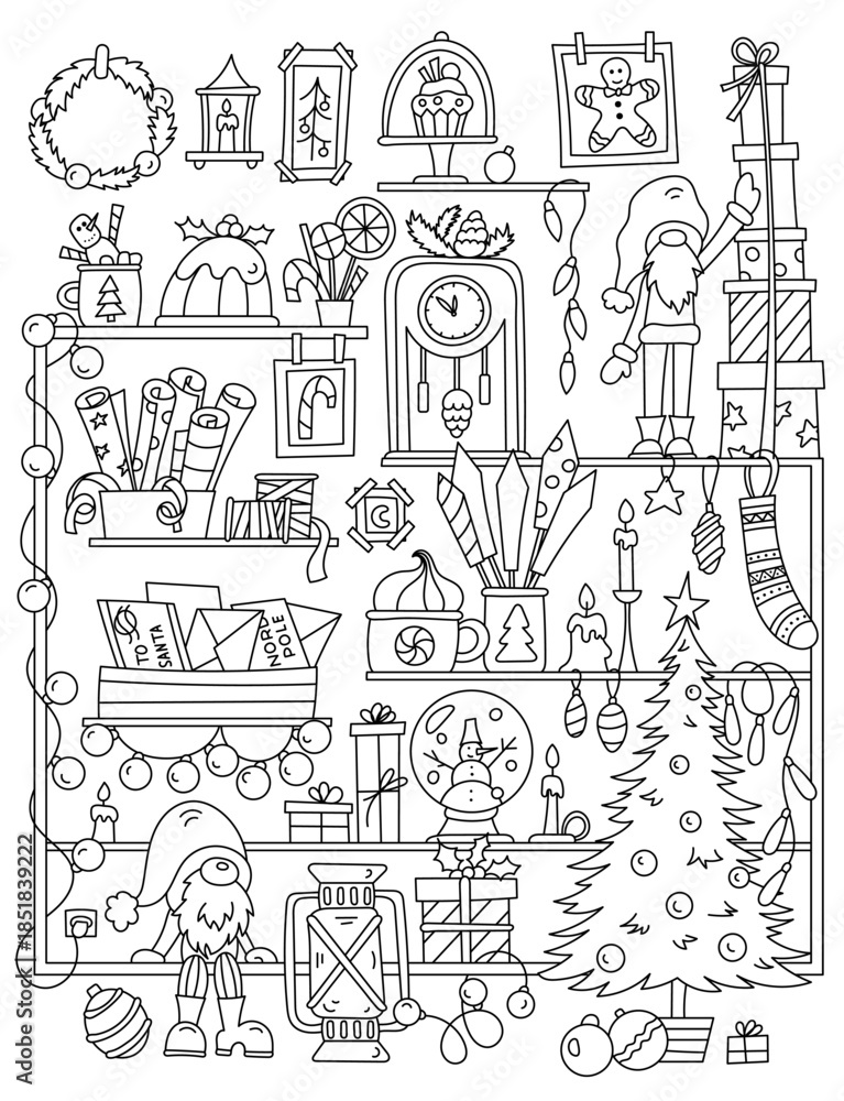 Obraz premium Christmas-Themed Coloring Page With Many Elements For The New Year Holiday