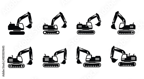 Black and white silhouettes of various construction excavators and digging machines