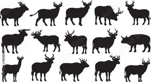 Set of deer and elk animal silhouettes