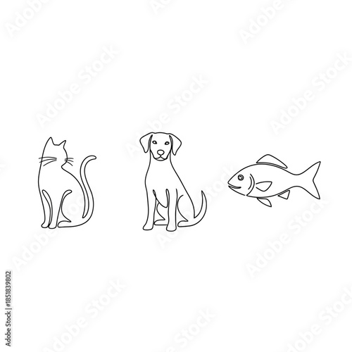 Minimalist Line Art - Cat, Dog, and Fish.