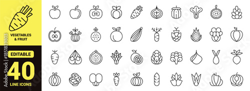 A collection of various fruits and vegetables represented as simple linear black and white outline icons