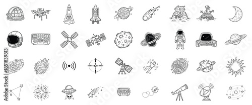 Space doodle icon set. Astronomy, space, planet, galaxy, rocket, satellite, astronaut, universe, science, exploration hand drawn vector illustration