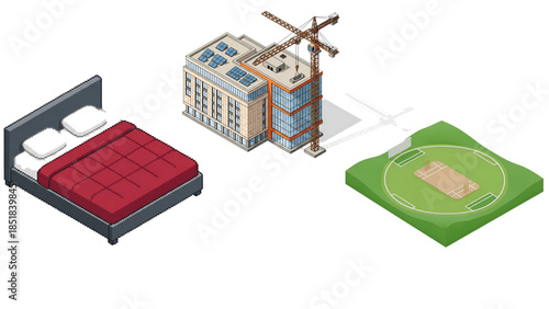 Isometric view of bedroom building and helipad