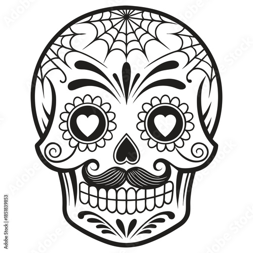 Monochrome Doodle Style Calavera with Spider Web Forehead