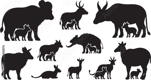 African wildlife animal silhouettes with young