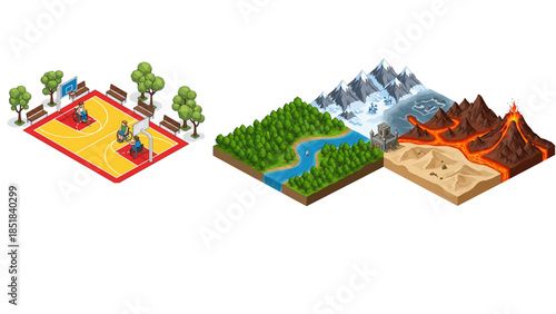 Different landscapes and basketball court illustration