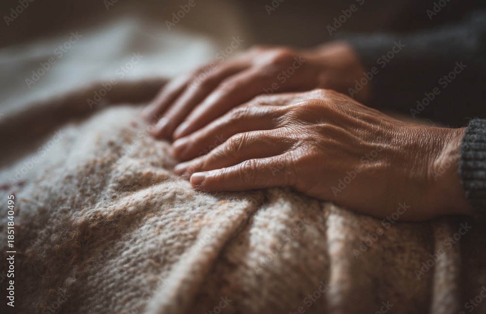 Fototapeta premium Close up hands covering bed with textured wool blanket