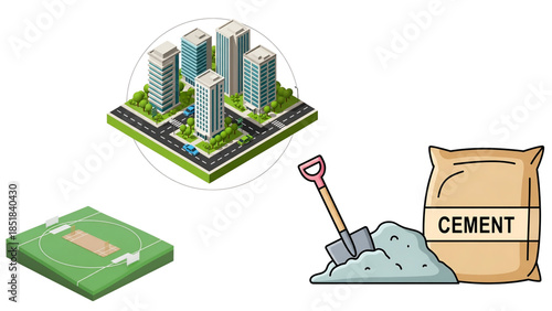 Construction site with building plan and cement