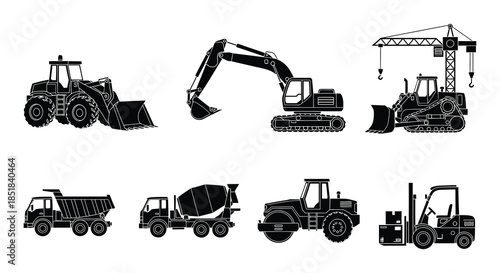 Black and white silhouettes of various construction excavators and digging machines