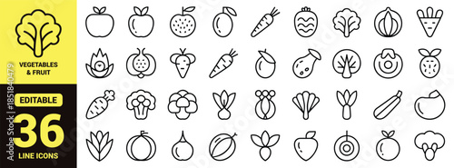 A collection of various fruits and vegetables represented as simple linear black and white outline icons