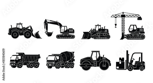 Construction equipment silhouettes excavators dump trucks and concrete mixers shown in black