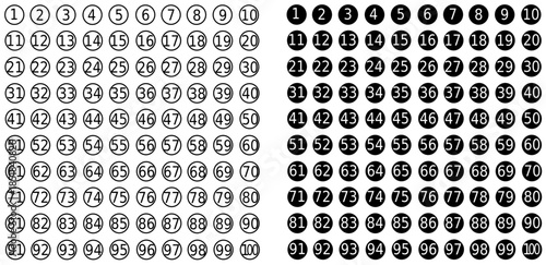 Numbers 1 to 100 in Circle Icons Set