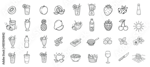 Spring fruits doodle icon set. Drink, juice, smoothie, fruit, beverage, refreshment, healthy, natural, seasonal hand drawn vector illustration