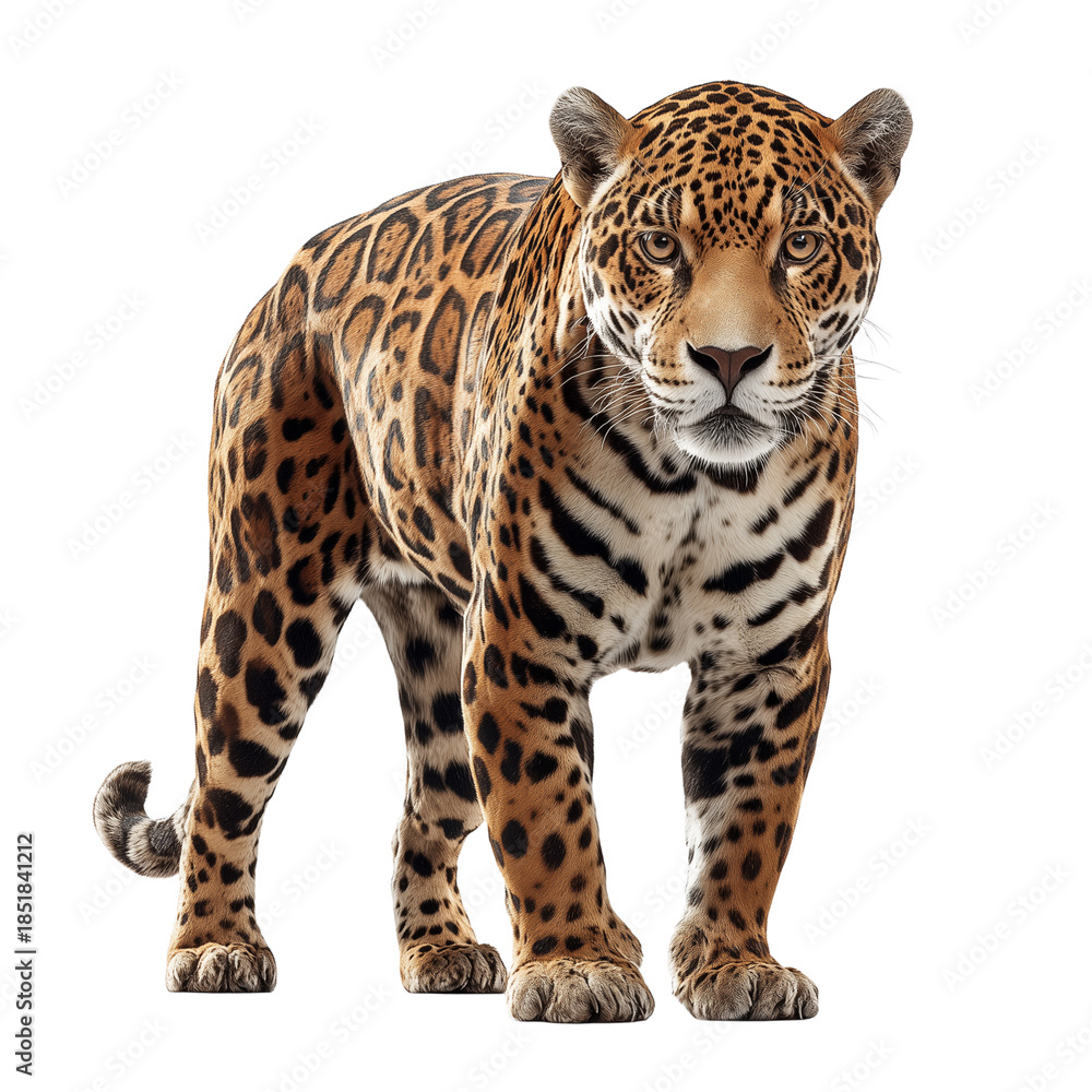 Obraz premium Majestic jaguar standing confidently with striking spotted coat isolated on transparent background