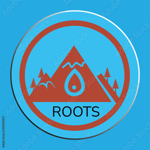 Vector Circular Logo Featuring Mountains, Pine Trees, and Water Drop with 'ROOTS' Text"