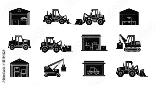 Construction machinery and buildings a set of black silhouette icons