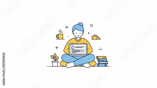 Young woman sitting cross legged with laptop and books.