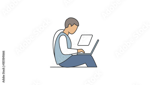 Young man sitting on floor using laptop computer.