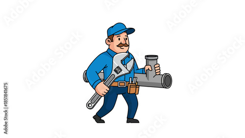 Cartoon plumber in blue uniform holds a large wrench and plumbing pipe fittings