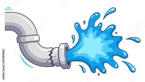 Cartoon image of a broken pipe aggressively spurting a large splash of bright blue water