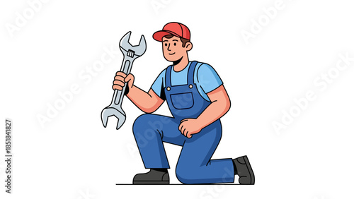 Cartoon mechanic in blue overalls and red cap holding a large wrench