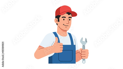 Cartoon mechanic in red cap and blue overalls gives a thumbsup holding a wrench