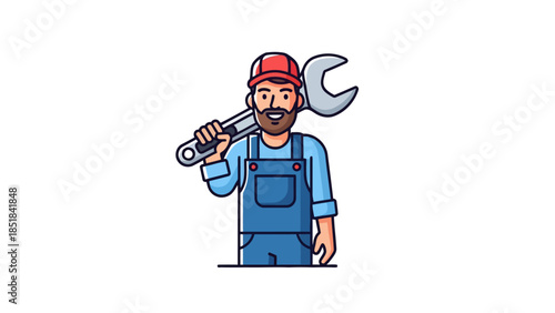 Cartoon mechanic with a large wrench over his shoulder against a white background