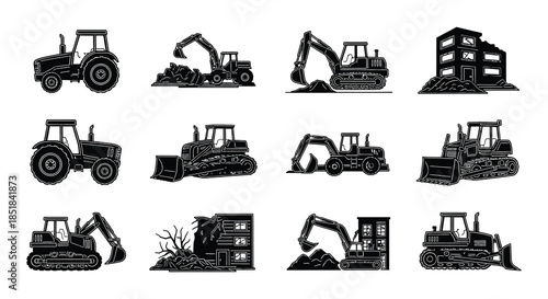 Collection of construction and agricultural machinery silhouettes in black and white