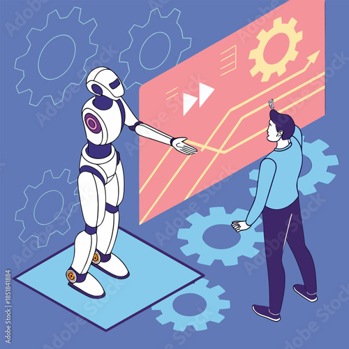 A robot shaking hands with a human, next to a data screen and gears. A modern technology-focused design