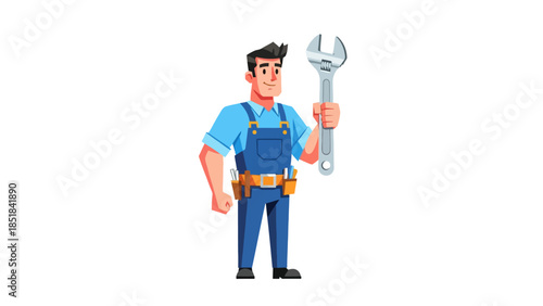 Cartoon plumber in blue overalls holding a large adjustable wrench