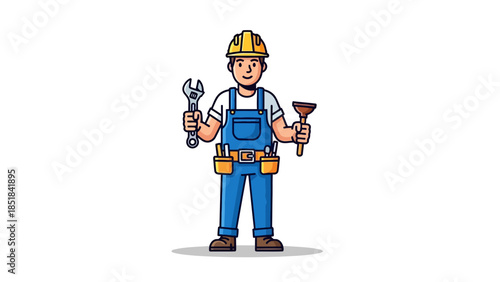 Cartoon plumber in blue overalls yellow hard hat holding wrench and plunger