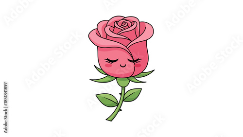 Cartoon pink rosebud with a cute closedeye face and green stem