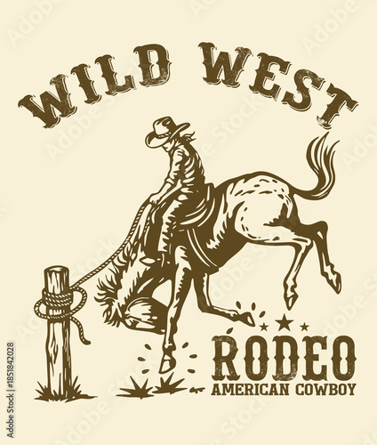 Wild West Rodeo Vintage American Cowboy and Bucking Bronco Illustration
